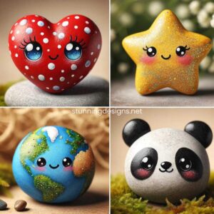 A set of four unique and adorable rock designs, each with its own charming characteristics. One rock is shaped like a heart, painted in vibrant red with small white polka dots. Another is a smiling star-shaped rock, colored in bright yellow with glittery accents. The third rock resembles a cute animal, perhaps a baby panda, with black and white patterns and expressive eyes. The fourth rock is a small, round, and smooth stone, painted to look like a miniature globe, showcasing blue oceans and green continents with a glossy finish. These rocks are set against a soft, natural background, such as grass or moss, to enhance their appeal.