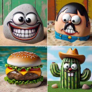 A collection of four humorous rock designs, each with its own whimsical and funny characteristics. One rock is painted to look like a smiling cartoon face with big googly eyes and a wide, toothy grin. The second rock resembles a famous comic character, with exaggerated features and a colorful costume. The third rock is designed like a miniature cheeseburger, complete with layers of lettuce, cheese, and a sesame seed bun. The fourth rock is shaped and painted to resemble a small, chubby cactus with a humorous expression, wearing a tiny cowboy hat. These rocks are displayed on a light-hearted and playful background, such as a sand pit or a bright green lawn, to enhance the fun aspect.