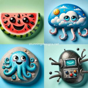 A set of four whimsical and humorous rock designs