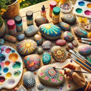 A vibrant and creative scene of decorating rocks. The image shows a variety of rocks in different shapes and sizes, being painted with bright, colorful designs. Some rocks are painted with intricate patterns, while others have simple yet elegant designs. There are paintbrushes, palettes with various colors of paint, and small containers of glitter and beads for added embellishment. The setting is an outdoor crafting table, surrounded by nature, with a sunny, cheerful atmosphere. The scene captures the joy and creativity involved in the art of rock decorating, making it an inviting and inspiring image.