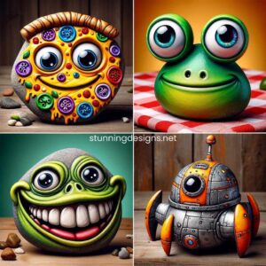 A series of four funny and imaginative rock designs, similar in style to the previously created images. The first rock is painted to look like a smiling slice of pizza, with colorful toppings and a playful face. The second rock is shaped and designed like a humorous alien creature, with multiple eyes and a quirky antenna. The third rock resembles a comical frog, painted green with big, bulging eyes and a wide, happy grin. The fourth rock is crafted to look like a whimsical spaceship, complete with metallic colors, windows, and a fun, cartoonish design. These rocks are set against a backdrop that enhances their playful and light-hearted nature, such as a picnic setting or a cartoonish landscape.