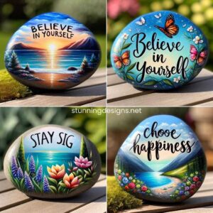 A collection of four inspirational rock designs, each conveying a positive and uplifting message. The first rock is painted with a beautiful sunrise scene and the words 'Believe in Yourself' in elegant script. The second rock features a serene ocean landscape with the phrase 'Stay Strong' written in flowing, cursive letters. The third rock displays a colorful garden scene with butterflies and flowers, accompanied by the words 'Choose Happiness'. The fourth rock shows a peaceful mountain vista with the inspiring quote 'Dream Big, Aim High' etched into its surface. These rocks are presented in a tranquil outdoor setting, perhaps on a wooden table or nestled in a bed of moss, highlighting their motivational messages.